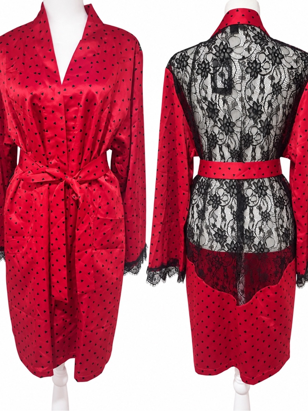 Frederick’s of Hollywood Rockabilly pinup red Heart Lace Satin Robe NWT Sz L